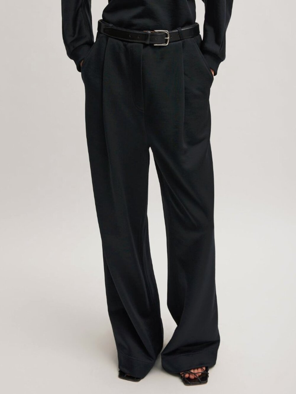 Tibi Black Silk Terry Pleated Pull On Pant